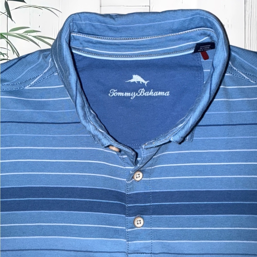 Tommy Bahama Men’s Short Sleeve Polo Shirt - Blue Stripe Size Large 100% Cotton